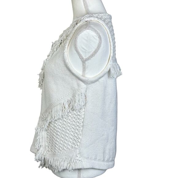 by Anthropologie Crochet Vest Size Medium White Cotton Silk Fringe Boho Knit Top - Picture 6 of 12